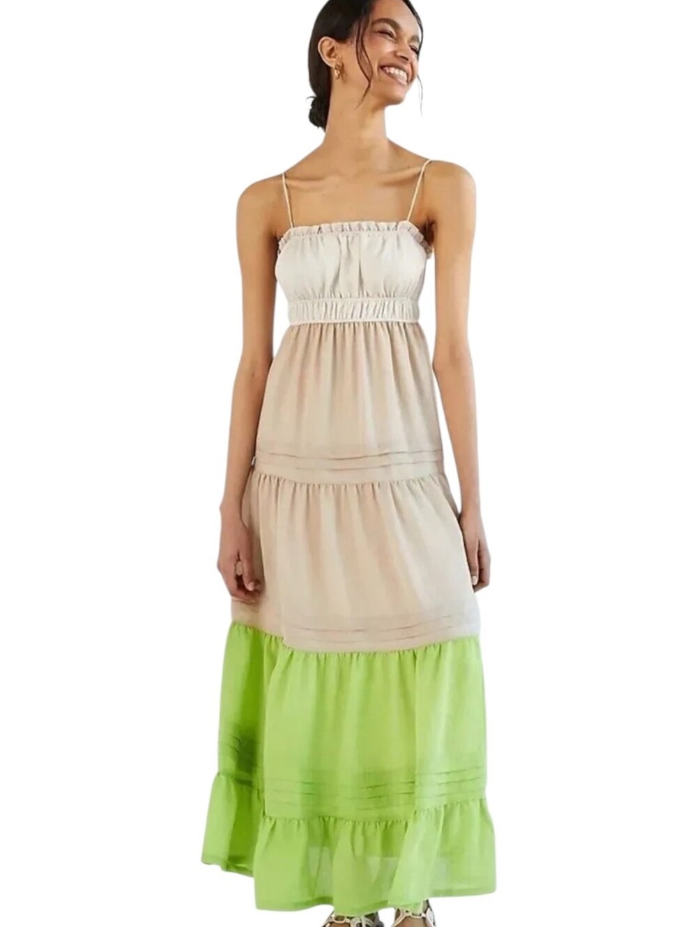 Anthropologie Tiered Spaghetti Strap Maxi Dress Size XSP in Cream, Taupe & Lime